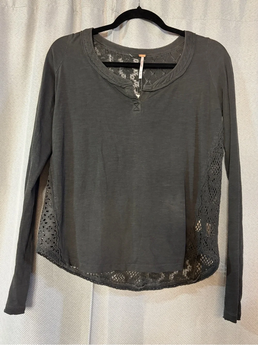 Free People Charcoal Lace-Panel Long Sleeve Top